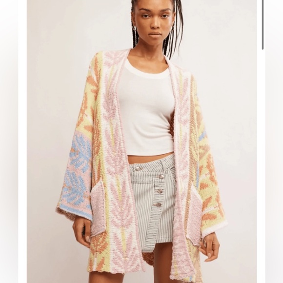 Free People Mallorca Cardi Slouchy Oversized Printed Cardigan in Spring Breeze M